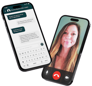 Book an Appointment with Your Therapist | Mount North Mobile phone screens showing a video call and chat conversation with a licensed therapist, representing easy online appointment booking at Mount North.