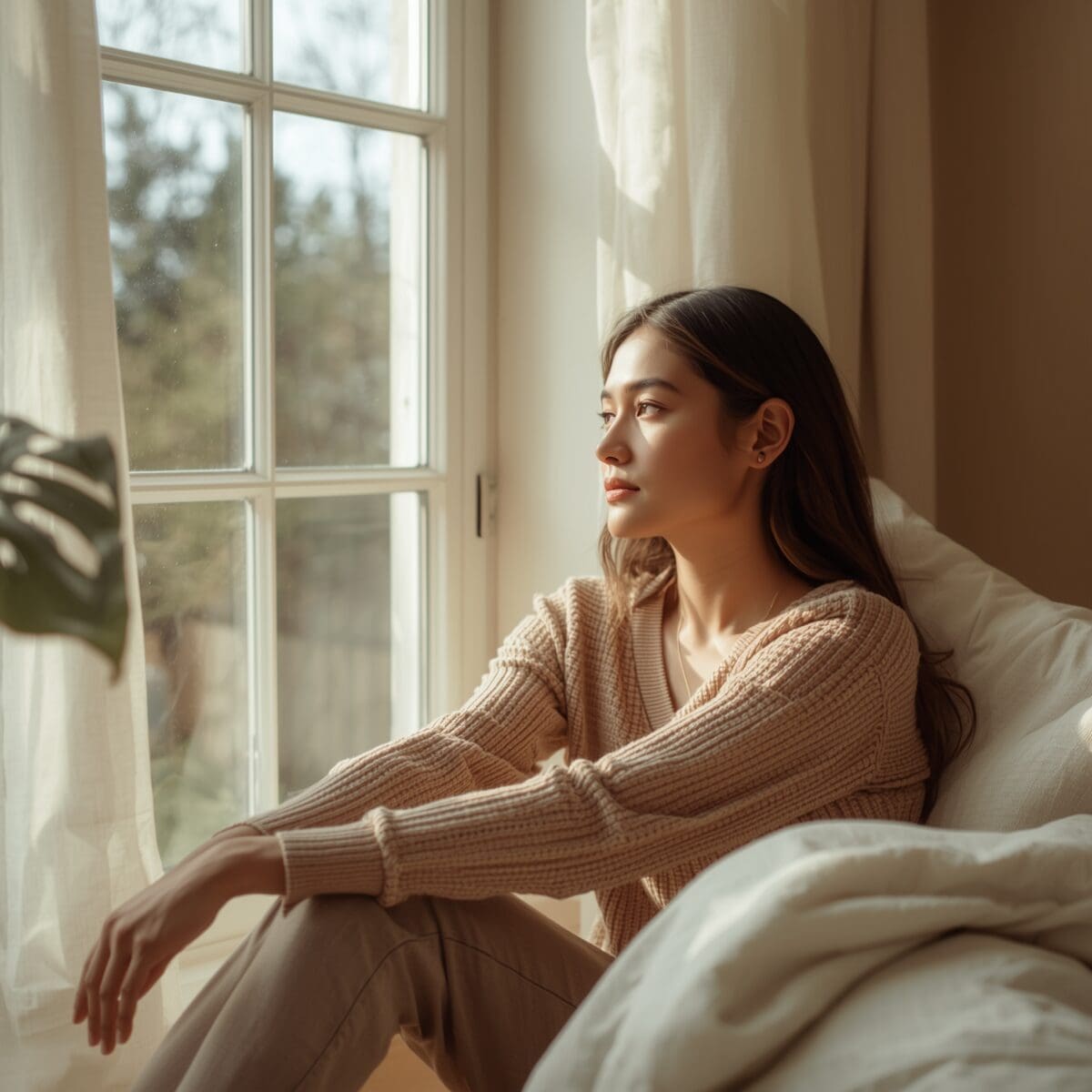 Woman sitting by a window in soft sunlight reflecting calmly, representing setting healthy boundaries and emotional well-being